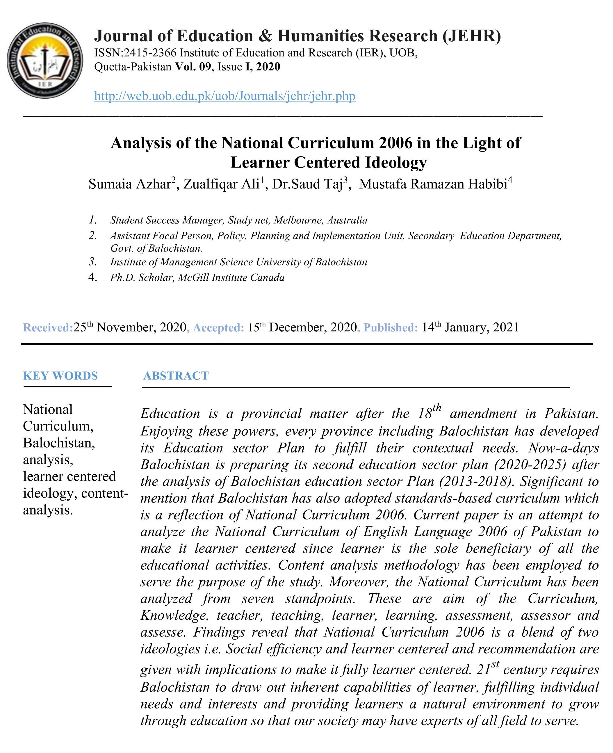 Analysis of the National Curriculum 2006 in the Light of Learner Centered Ideology