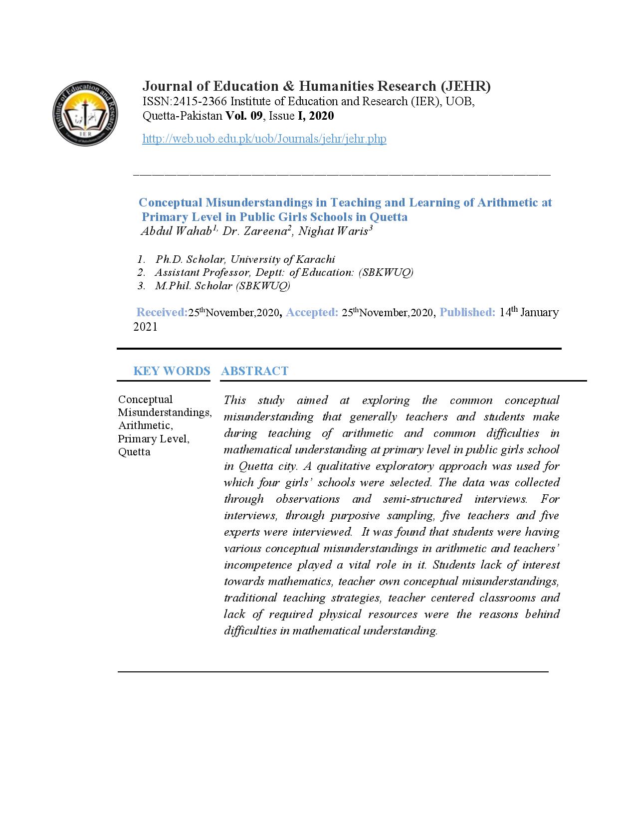 Conceptual Misunderstandings in Teaching and Learning of Arithmetic at Primary Level in Public Girls Schools in Quetta